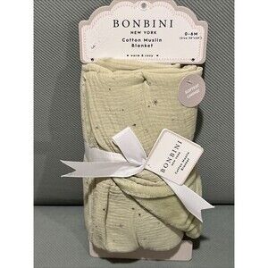 BONBINI Cotton Muslin Baby Blanket Reversible Fleece Green Silver Stars New
